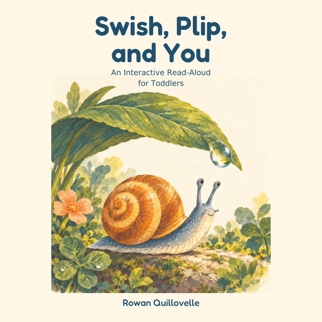Square cover of Swish, Plip, and You: An Interactive Read-Aloud for Toddlers by Rowan Quillovelle. Snail rests under a leaf above a tiny pool.
