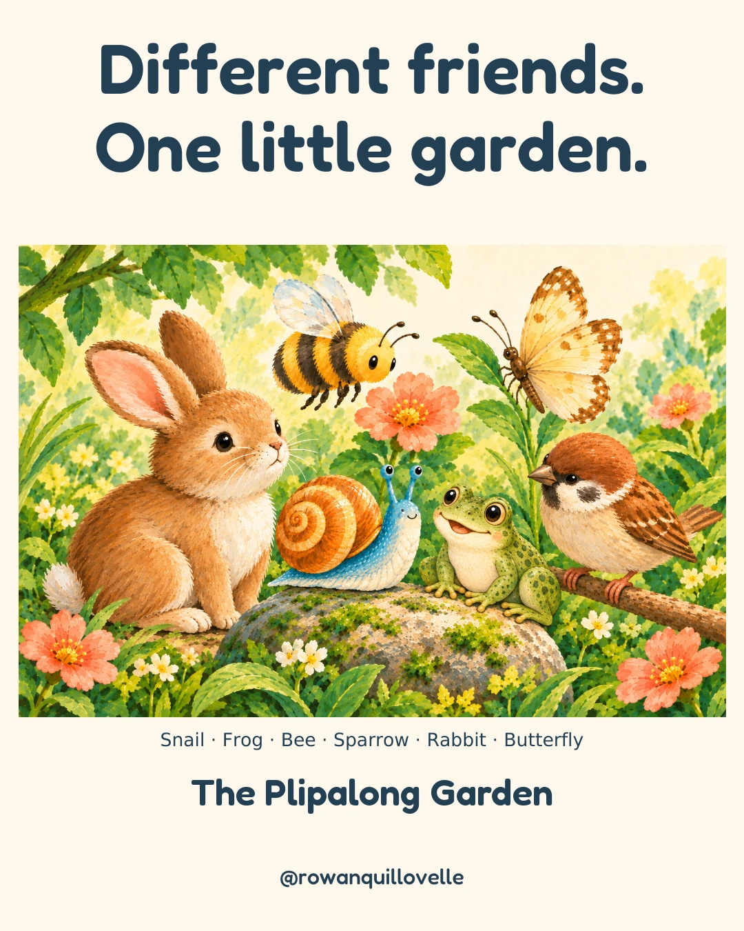 The Plipalong Garden cast: Snail, Frog, Bee, Sparrow, Rabbit, and Butterfly, gathered among leaves, water, and peach flowers.