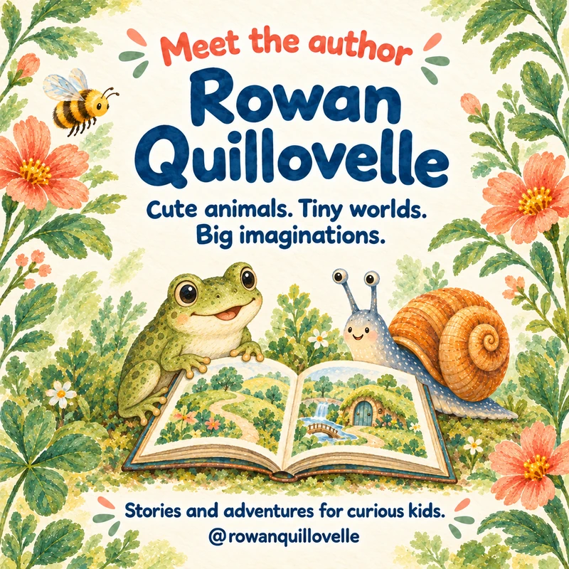 Rowan Quillovelle's illustrated introduction: a garden frog and orange-shelled snail beside an open book filled with a tiny green world, with a bee and peach flowers.