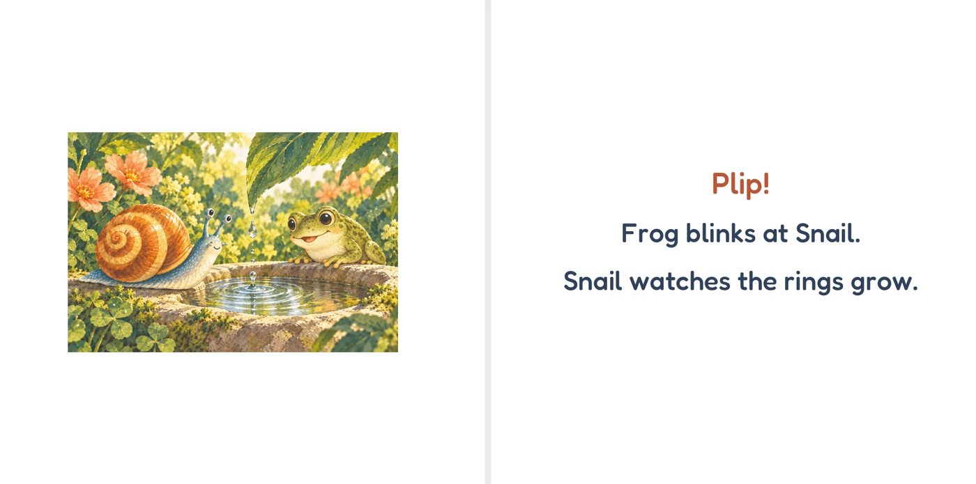 Frog meets Snail beside the pool. The story says Plip! Frog blinks at Snail. Snail watches the rings grow.