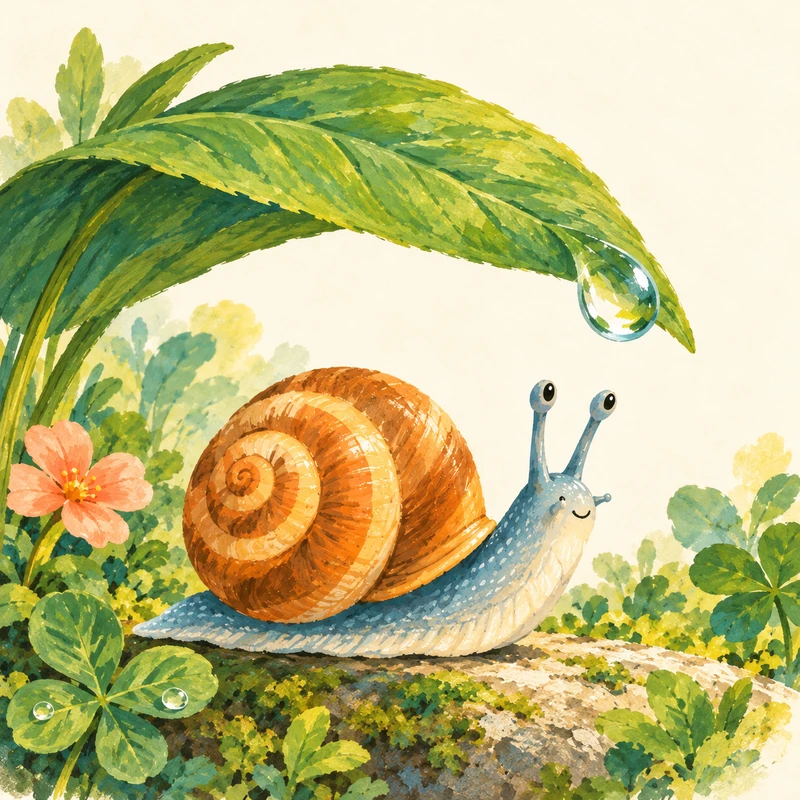A smiling blue-grey snail with a honey-orange shell sits beneath a green leaf with a sparkling raindrop. Peach flowers and tiny plants fill its garden.